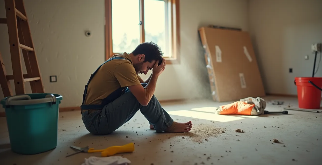 Tired homeowner sitting among cleaning supplies in dusty renovation space