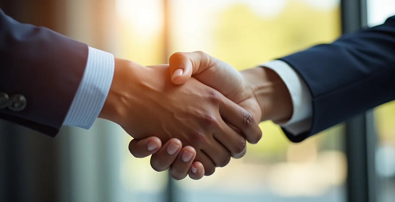 Business professionals shaking hands in bright office environment