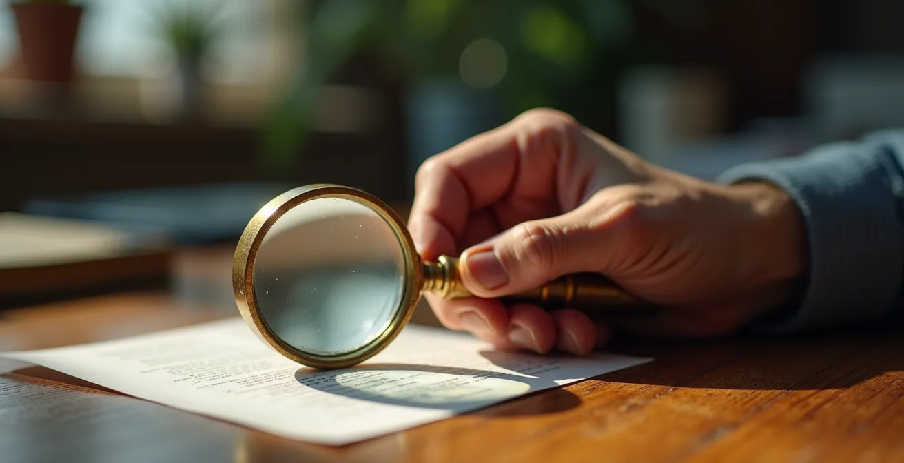 Close-up of hands examining documents with magnifying glass